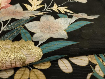 平和屋着物＊夏物 黒留袖 絽 刺繍 草花文 金銀彩 正絹 逸品 AABD4669jd