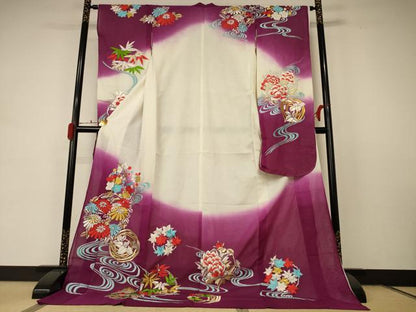 平和屋着物＊夏物 引き振袖 刺繍 絽 流水草花丸文 暈し染め 洗える着物 AABD4672jd