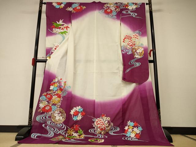 平和屋着物＊夏物 引き振袖 刺繍 絽 流水草花丸文 暈し染め 洗える着物 AABD4672jd