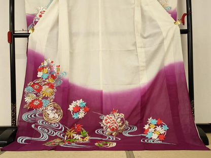 平和屋着物＊夏物 引き振袖 刺繍 絽 流水草花丸文 暈し染め 洗える着物 AABD4672jd