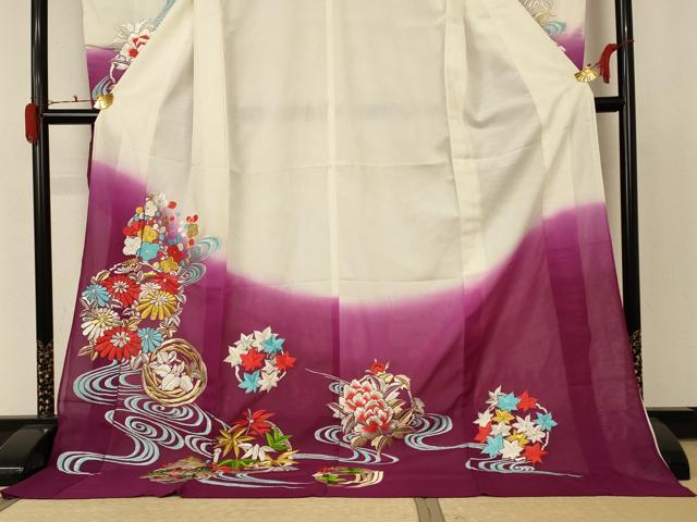 平和屋着物＊夏物 引き振袖 刺繍 絽 流水草花丸文 暈し染め 洗える着物 AABD4672jd