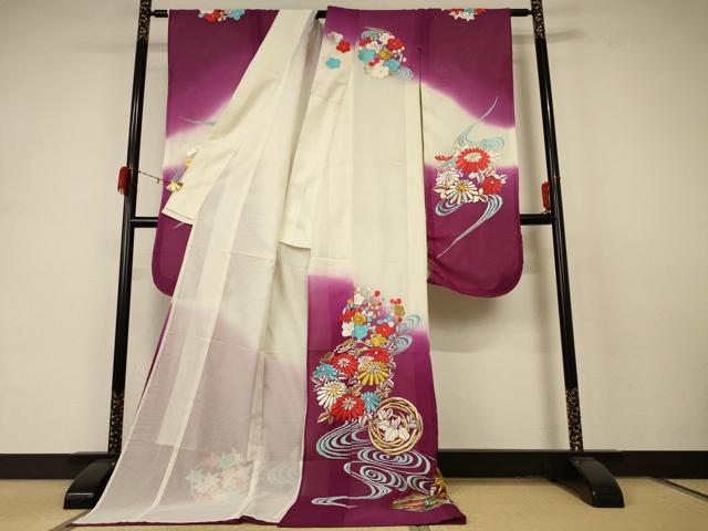 平和屋着物＊夏物 引き振袖 刺繍 絽 流水草花丸文 暈し染め 洗える着物 AABD4672jd