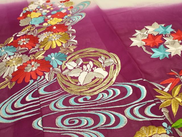 平和屋着物＊夏物 引き振袖 刺繍 絽 流水草花丸文 暈し染め 洗える着物 AABD4672jd