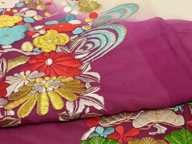 平和屋着物＊夏物 引き振袖 刺繍 絽 流水草花丸文 暈し染め 洗える着物 AABD4672jd