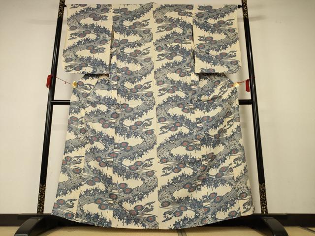 平和屋着物＊夏物 小紋 絽 型染め 流水草花文 正絹 逸品 AABD4673jd