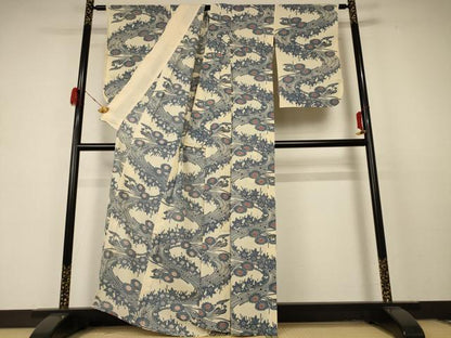 平和屋着物＊夏物 小紋 絽 型染め 流水草花文 正絹 逸品 AABD4673jd