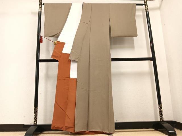 平和屋着物●江戸小紋　万筋　媚茶色×白橡色　正絹　逸品　AABD4743ph
