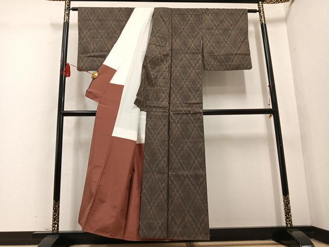平和屋着物●上質な紬 格子 正絹 逸品 AABD4756ph