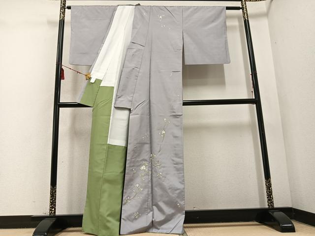 平和屋着物○訪問着 紬地 刺繍 枝花文 正絹 逸品 AABD4773ph