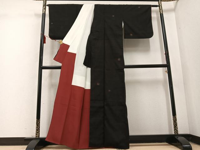 平和屋着物●上質な紬 色紙文 黒地 正絹 逸品 AABD4779ph