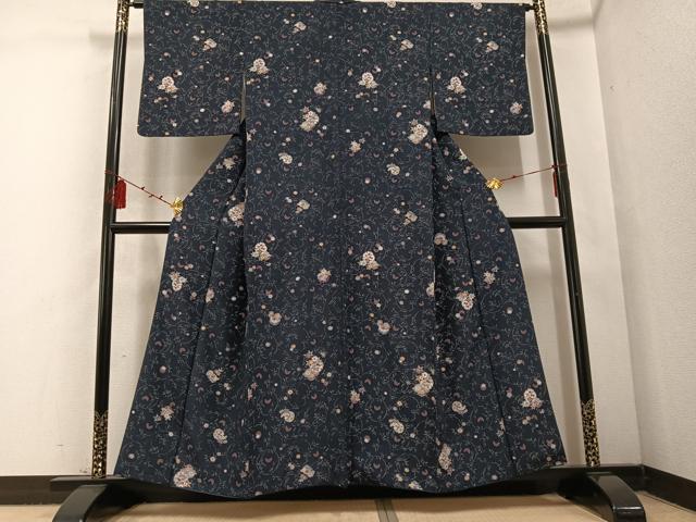 平和屋着物●上質な小紋 型染め 雪輪草花文 正絹 逸品 AABD4780ph