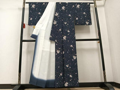 平和屋着物●上質な小紋 型染め 雪輪草花文 正絹 逸品 AABD4780ph