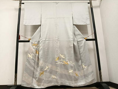 平和屋着物●豪華色留袖　駒刺繍　群れ鶴　金彩　正絹　逸品　AABD4792ph