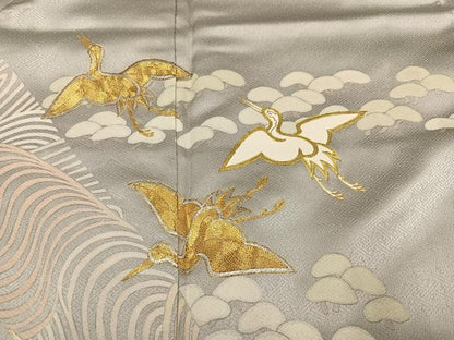 平和屋着物●豪華色留袖　駒刺繍　群れ鶴　金彩　正絹　逸品　AABD4792ph