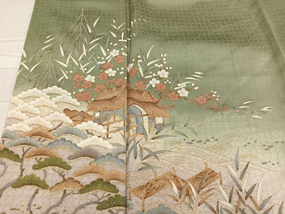平和屋着物●豪華色留袖 松竹梅群れ鶴風景文 暈し染め 金彩 正絹 逸品 AABD4793ph