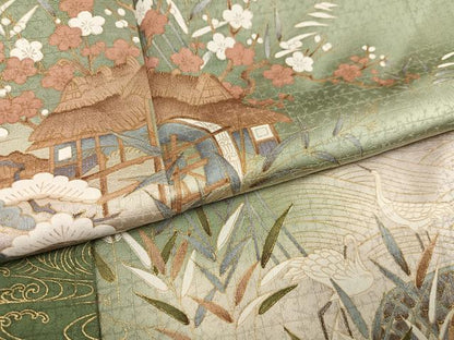 平和屋着物●豪華色留袖 松竹梅群れ鶴風景文 暈し染め 金彩 正絹 逸品 AABD4793ph