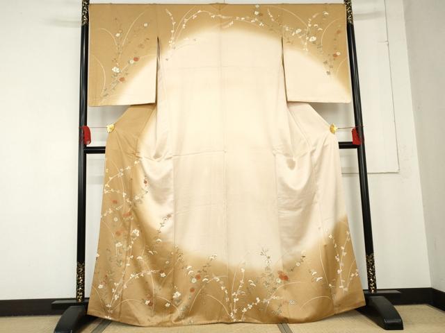 平和屋着物●訪問着 手描き 駒刺繍 枝花文 暈し染め 正絹 逸品 AABD5020cs