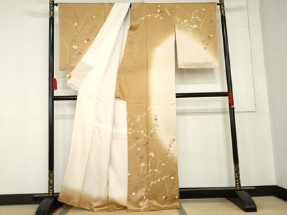 平和屋着物●訪問着 手描き 駒刺繍 枝花文 暈し染め 正絹 逸品 AABD5020cs
