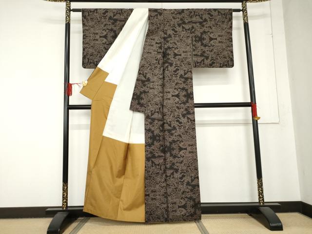 平和屋着物●本場大島紬　泥染め　一元7マルキ　流水風景文　正絹　逸品　AABD5024cs
