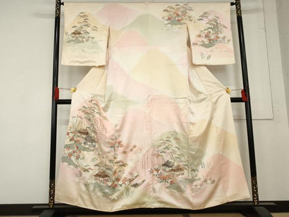 平和屋着物●訪問着 駒刺繍 風景笠松花文 暈し染め 金彩 正絹 逸品 AABD5025cs