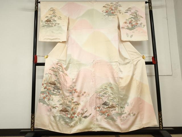 平和屋着物●訪問着 駒刺繍 風景笠松花文 暈し染め 金彩 正絹 逸品 AABD5025cs