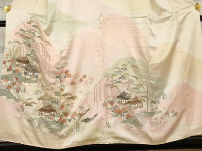 平和屋着物●訪問着 駒刺繍 風景笠松花文 暈し染め 金彩 正絹 逸品 AABD5025cs