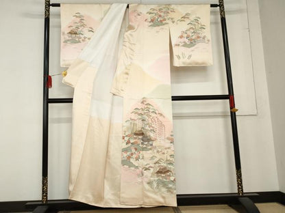 平和屋着物●訪問着 駒刺繍 風景笠松花文 暈し染め 金彩 正絹 逸品 AABD5025cs