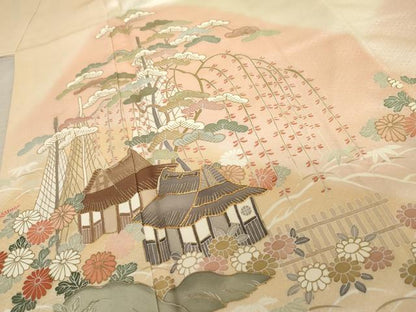 平和屋着物●訪問着 駒刺繍 風景笠松花文 暈し染め 金彩 正絹 逸品 AABD5025cs