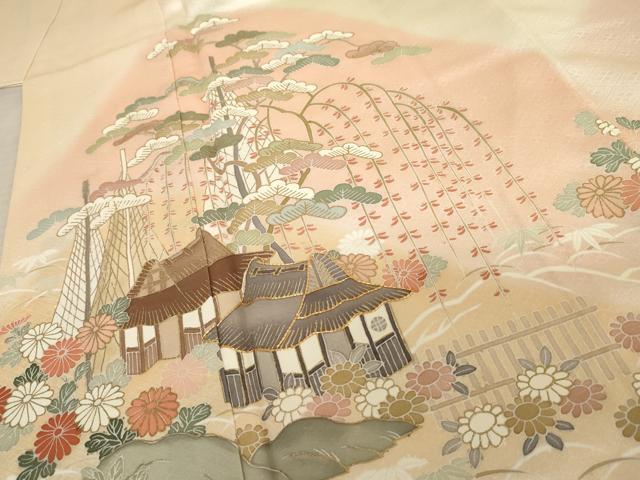 平和屋着物●訪問着 駒刺繍 風景笠松花文 暈し染め 金彩 正絹 逸品 AABD5025cs