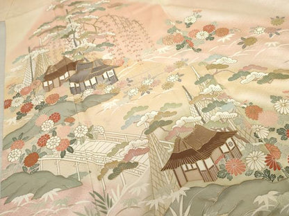 平和屋着物●訪問着 駒刺繍 風景笠松花文 暈し染め 金彩 正絹 逸品 AABD5025cs