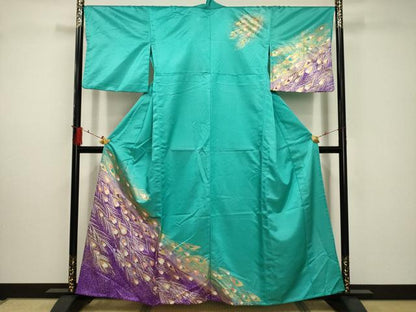 平和屋着物▽訪問着 単衣 孔雀羽文 金彩 洗える着物 AABD5232sx
