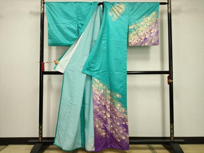 平和屋着物▽訪問着 単衣 孔雀羽文 金彩 洗える着物 AABD5232sx