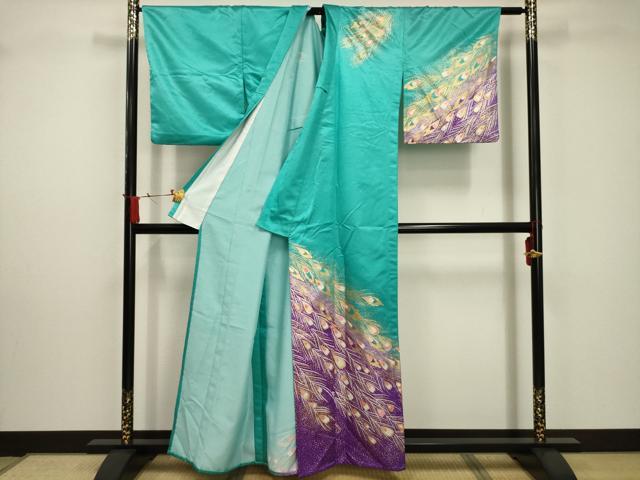 平和屋着物▽訪問着 単衣 孔雀羽文 金彩 洗える着物 AABD5232sx
