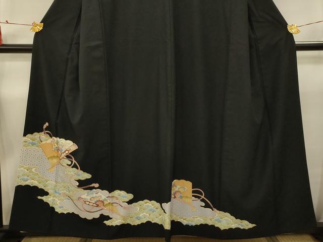 平和屋着物■黒留袖 駒刺繍 雲取り扇面花文 金彩 洗える着物 AABD5466sx