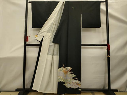 平和屋着物■黒留袖 駒刺繍 雲取り扇面花文 金彩 洗える着物 AABD5466sx