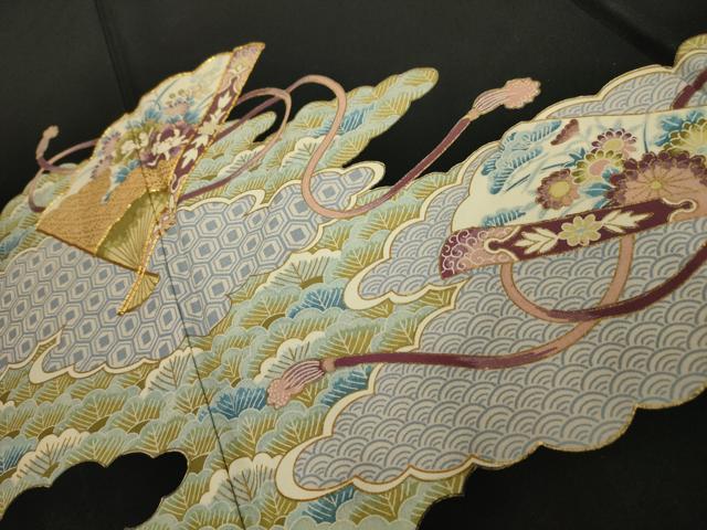 平和屋着物■黒留袖 駒刺繍 雲取り扇面花文 金彩 洗える着物 AABD5466sx
