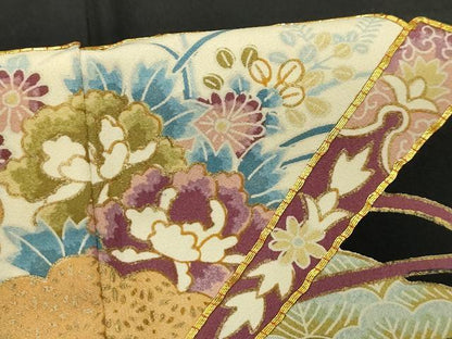 平和屋着物■黒留袖 駒刺繍 雲取り扇面花文 金彩 洗える着物 AABD5466sx