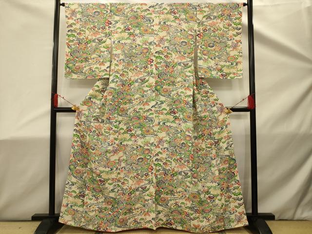 平和屋着物■上質な小紋　型染め　松竹梅扇面花鳥文　正絹　逸品　AABD5477sx