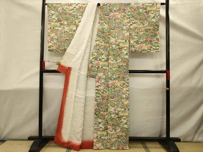平和屋着物■上質な小紋　型染め　松竹梅扇面花鳥文　正絹　逸品　AABD5477sx