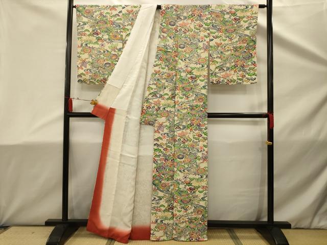 平和屋着物■上質な小紋　型染め　松竹梅扇面花鳥文　正絹　逸品　AABD5477sx