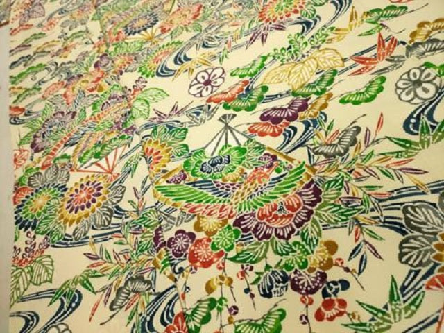 平和屋着物■上質な小紋　型染め　松竹梅扇面花鳥文　正絹　逸品　AABD5477sx