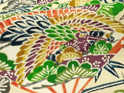 平和屋着物■上質な小紋　型染め　松竹梅扇面花鳥文　正絹　逸品　AABD5477sx