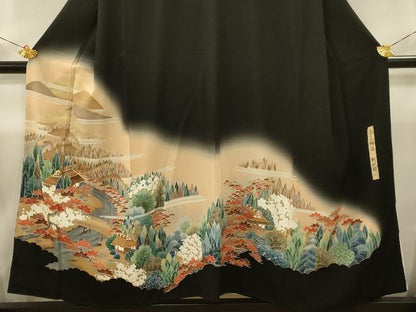 平和屋着物■豪華黒留袖 駒刺繍 おくの細道 阿武隈川 暈し染め 金彩 正絹 逸品 AABD5478sx