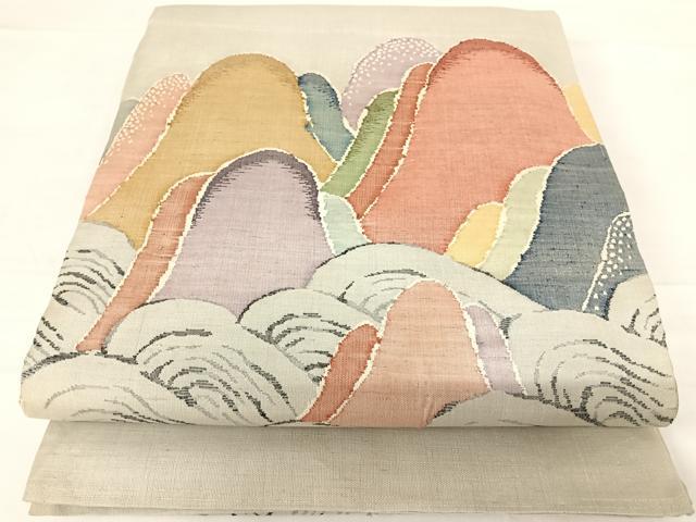 平和屋着物◎太鼓柄袋帯　紬地　遠山立波文　正絹　逸品　AABD5610yx