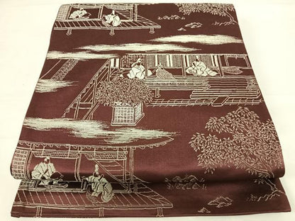 平和屋着物◎六通柄袋帯　人物風景文　銀糸　正絹　逸品　AABD5621yx