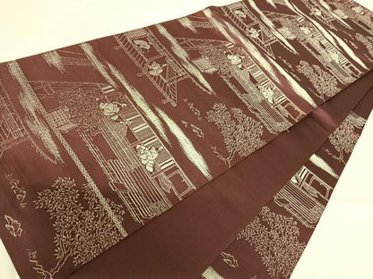 平和屋着物◎六通柄袋帯　人物風景文　銀糸　正絹　逸品　AABD5621yx