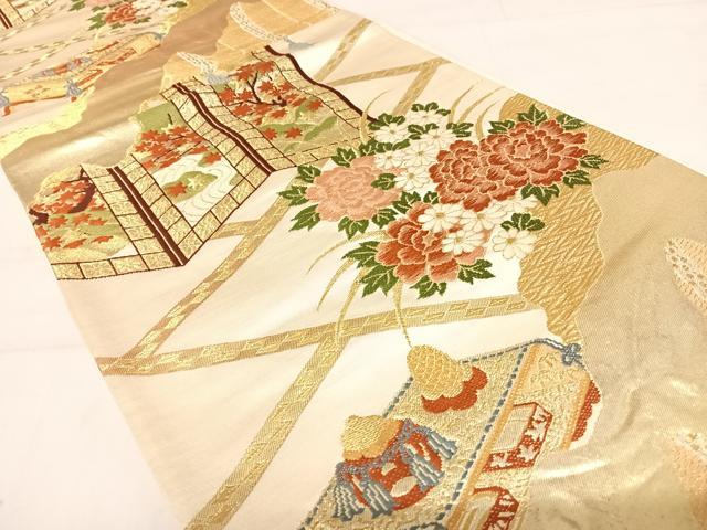 平和屋着物◎六通柄京袋帯 唐織 屏風花文 金銀糸 正絹 逸品 AABD5628yx
