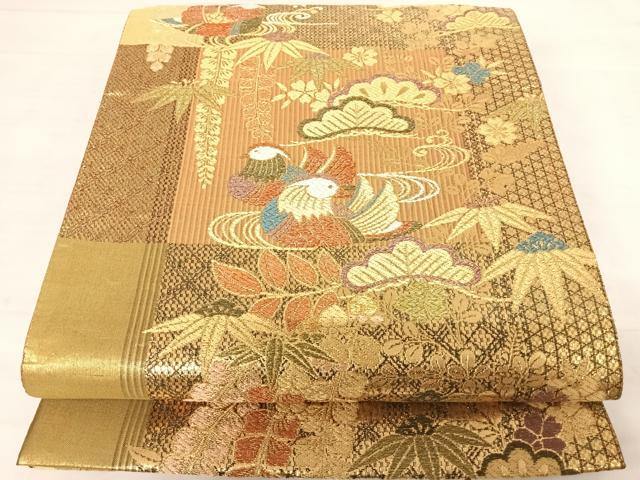 平和屋着物◎六通柄袋帯 鴛鴦花文 松竹梅 金糸 正絹 逸品 AABD5635yx