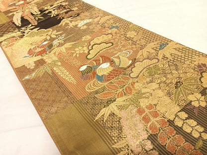 平和屋着物◎六通柄袋帯 鴛鴦花文 松竹梅 金糸 正絹 逸品 AABD5635yx