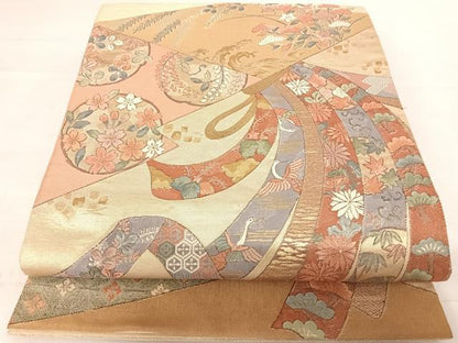 平和屋着物◎六通柄袋帯 切嵌花鳥文 金糸 正絹 逸品 AABD5637yx